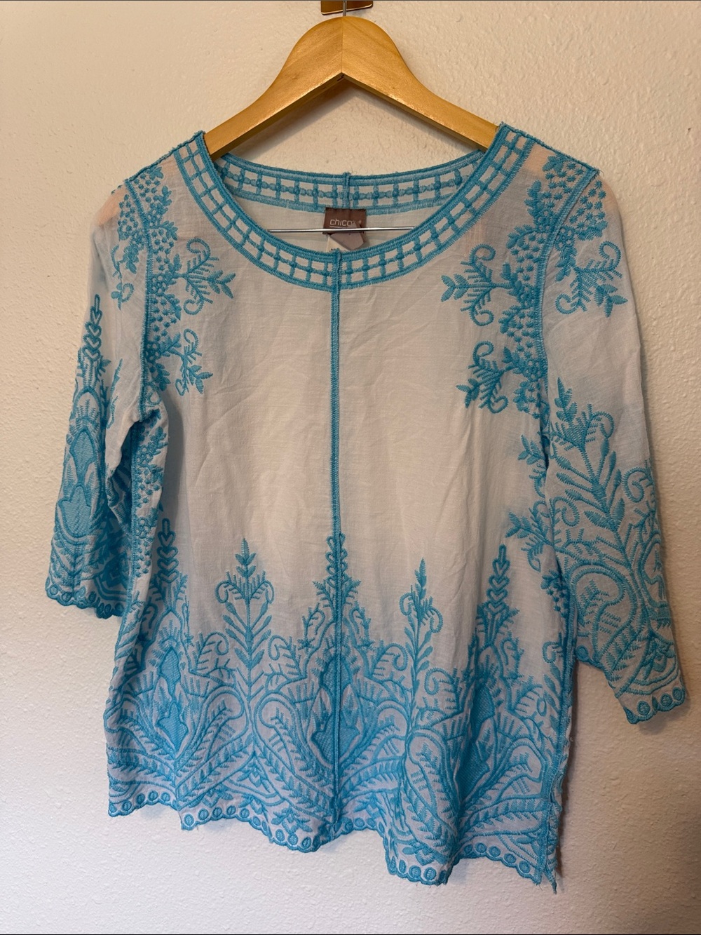 Chico's White Top with Turquoise Embroidery